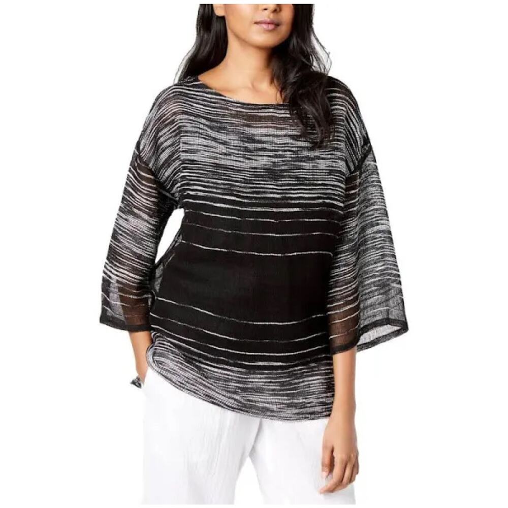 Eileen Fisher Black Illusion Organic Linen Mesh Bateau Neck Top Small